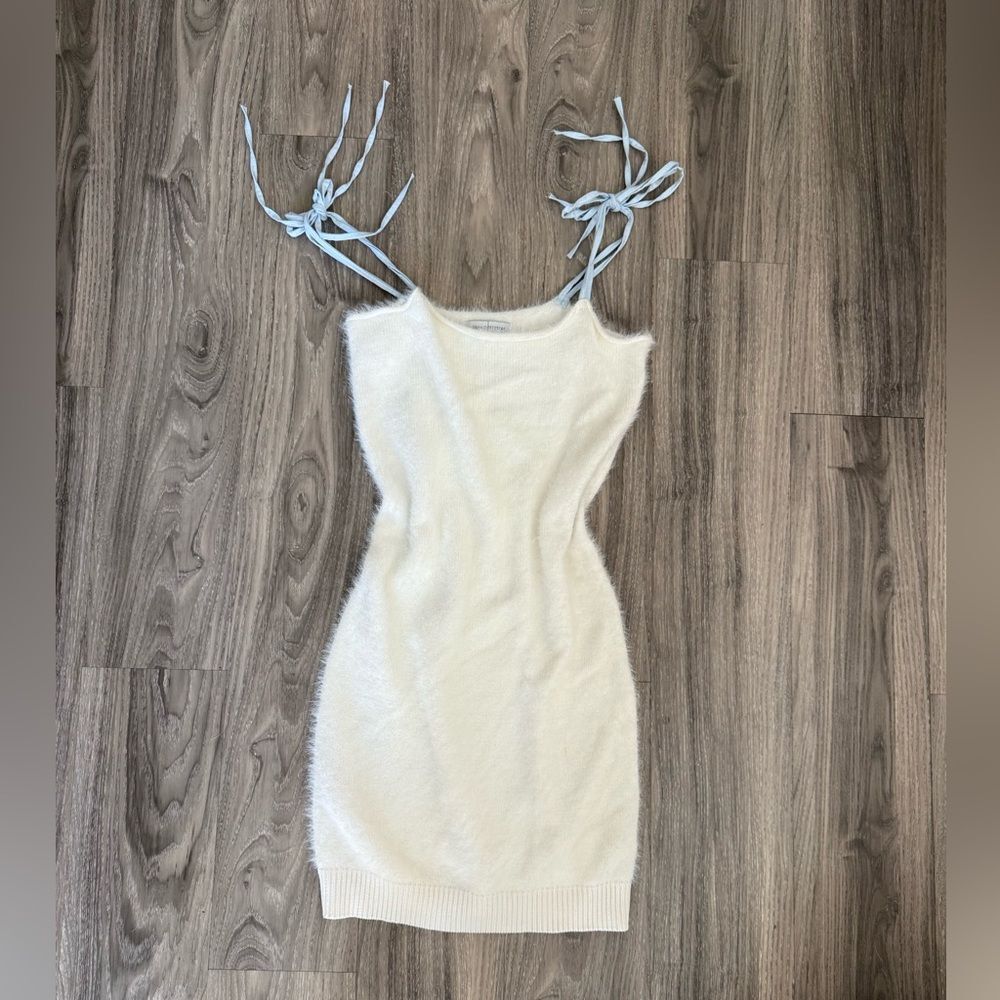 Urban Outfitters white fuzzy knit mini dress with blue tie bow straps S